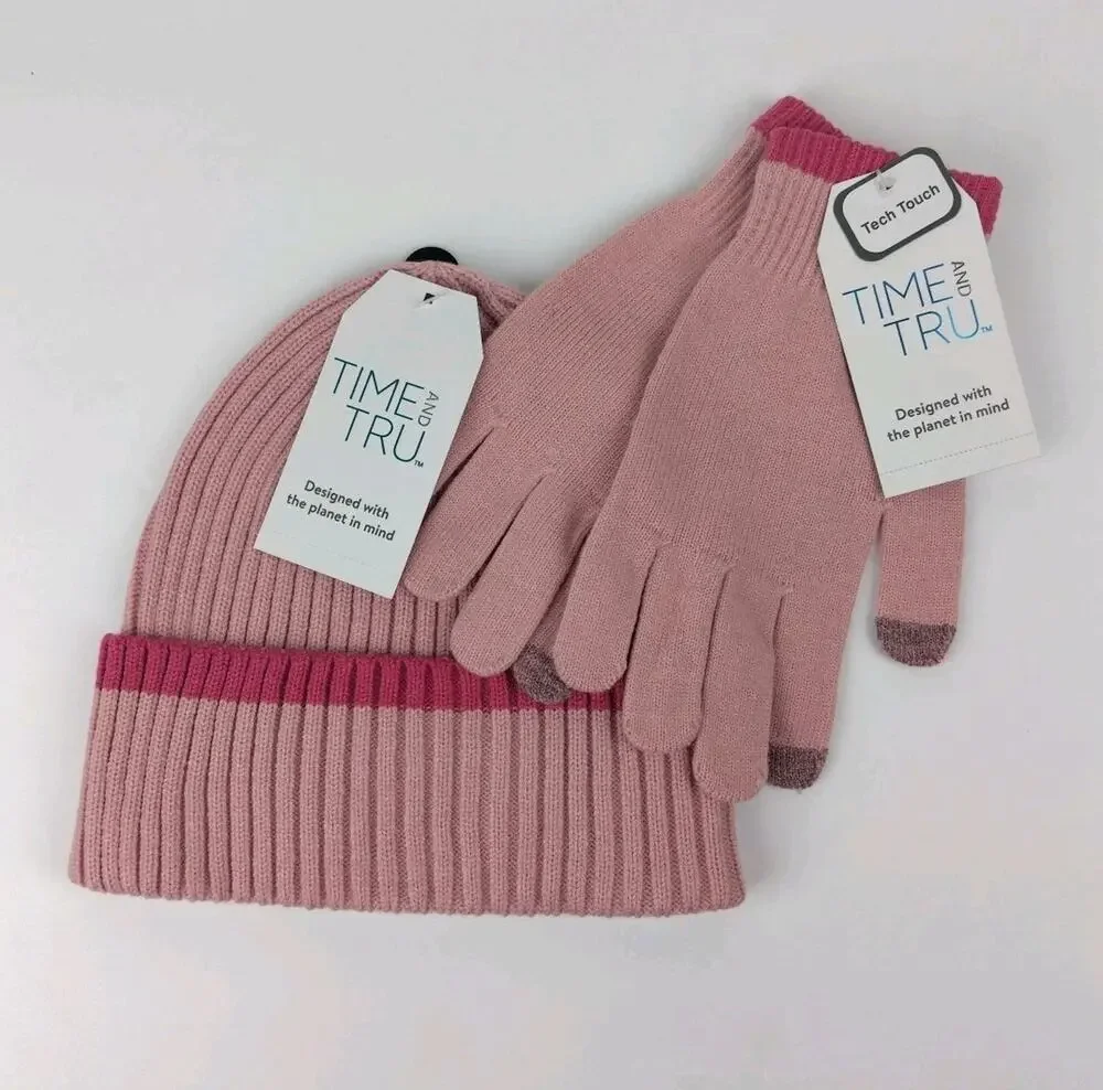 Time and Tru Women's Striped Beanie With Gloves, One Size Fits Most, Dusty Rose